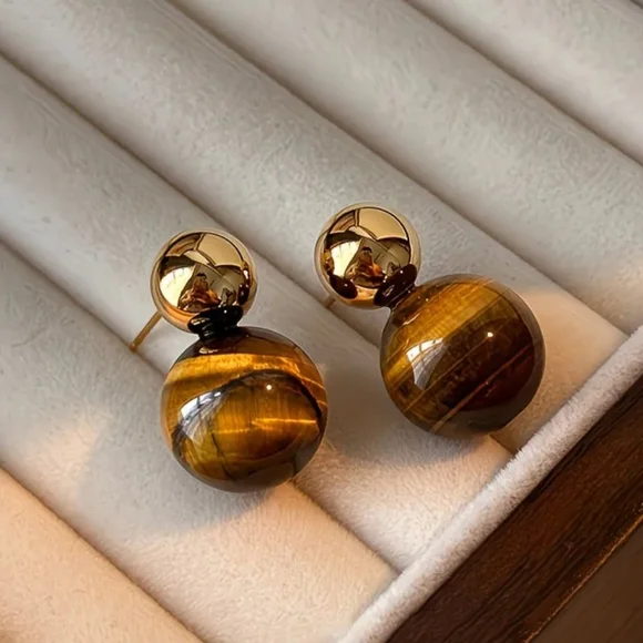 Gold Tiger Eye Earrings - Picture 1 of 3